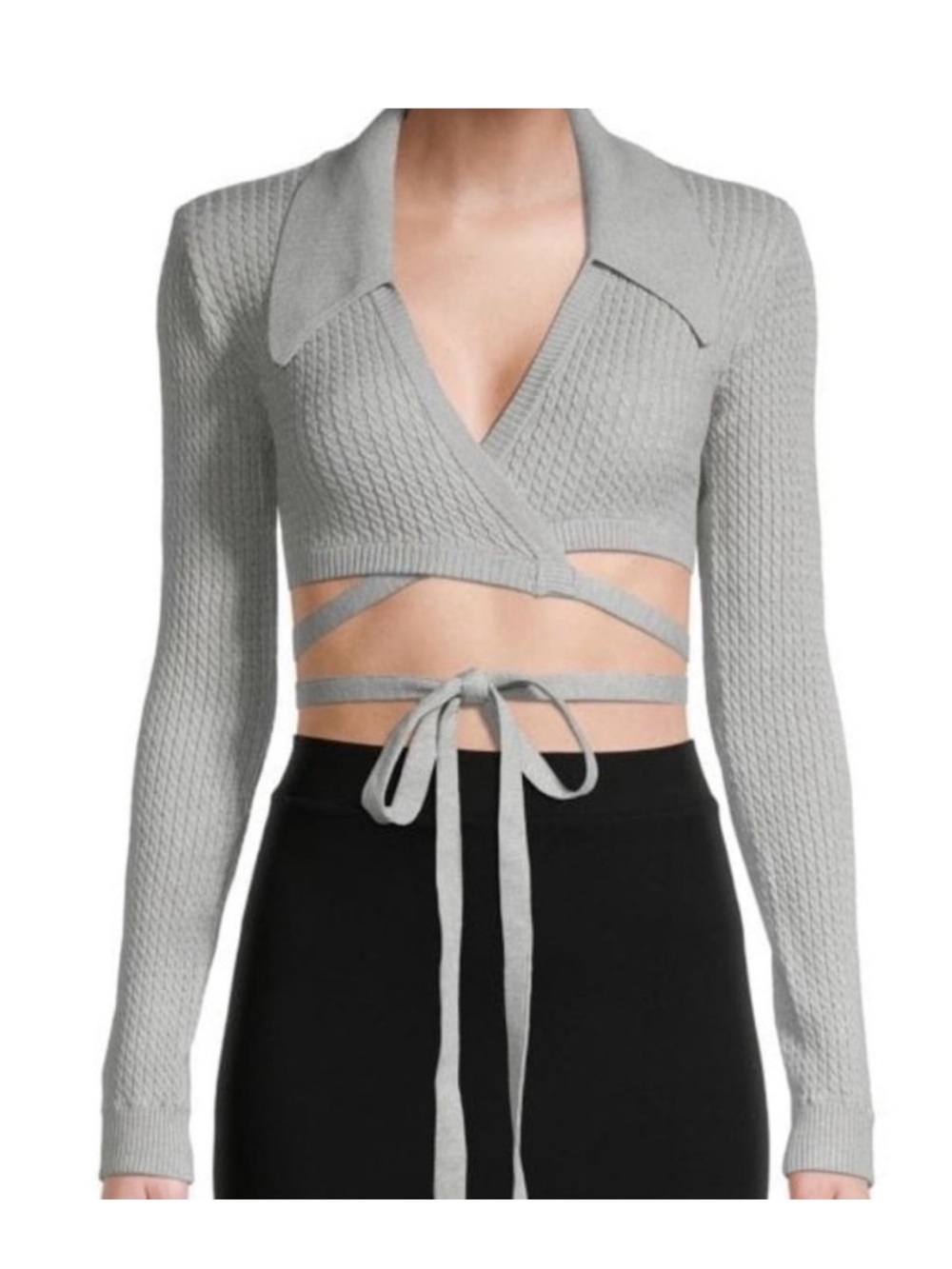 DANIELLE BERNSTEIN Light Gray Cable Knit Wrap Cropped Sweater Womens Size XSmall
